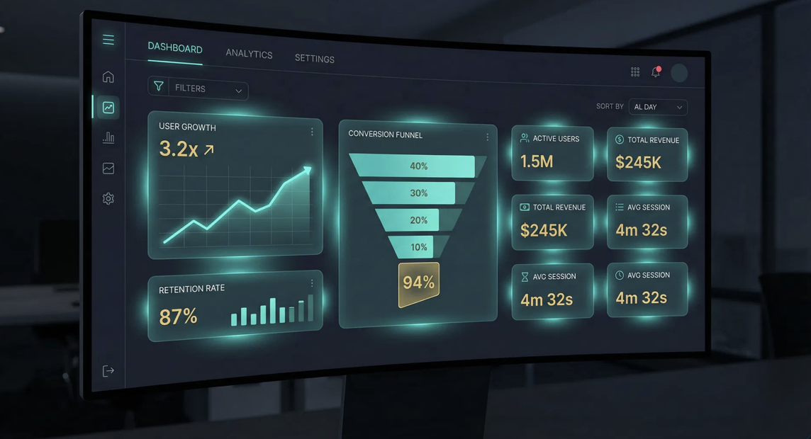 EQAI Analytics Dashboard showing 3.2x user growth, 94% conversion, $245K revenue